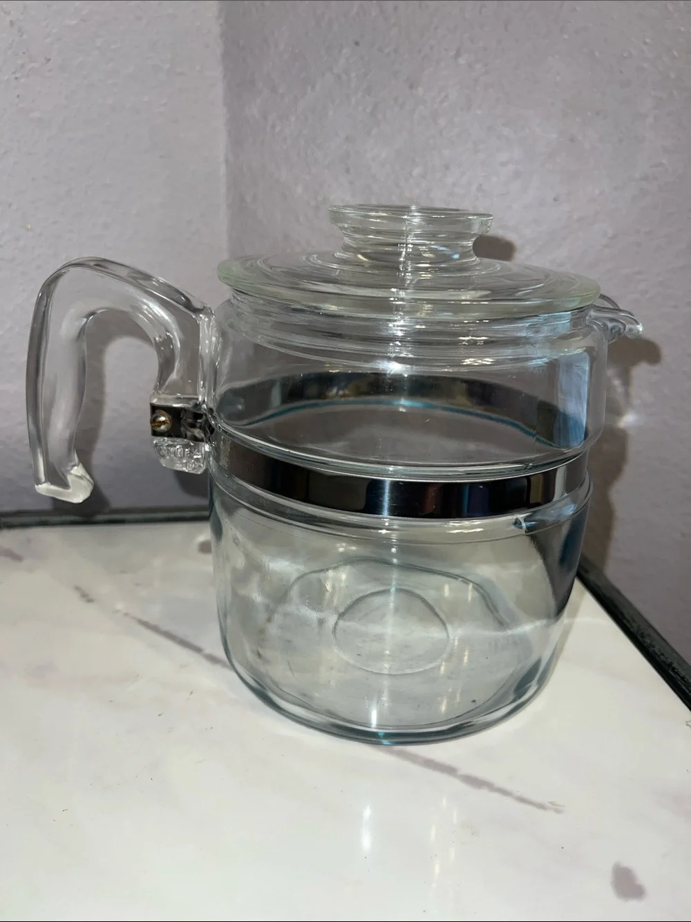 Pyrex Clear Glass Coffee/Tea Server with Lid & Stainless Silver Band LN